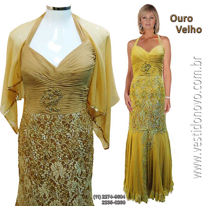 Vestido de festa dourado, todo em renda, me da noiva