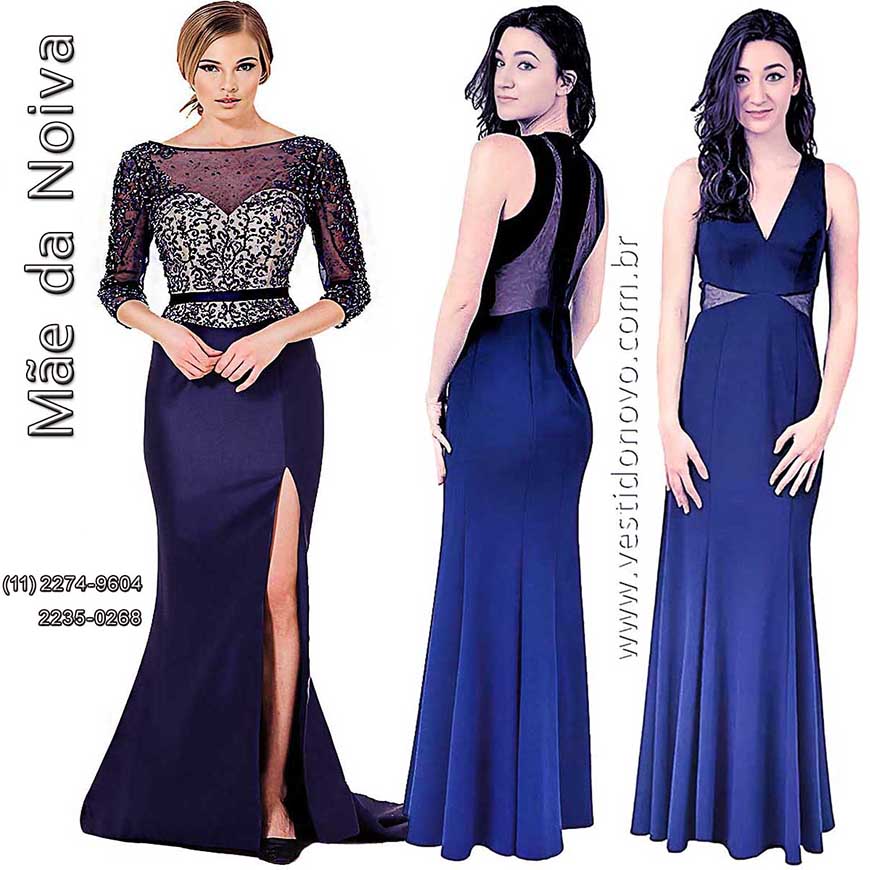 Vestido me da noiva, azul marinho com renda e manga comprida